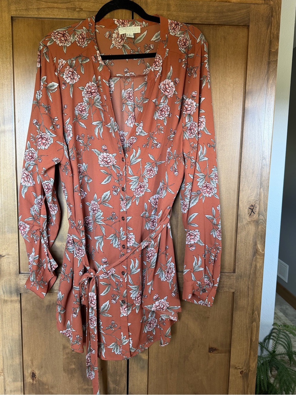 Forever 21+ Plus Size 3X Rust Floral Button Front Belted Tunic Blouse